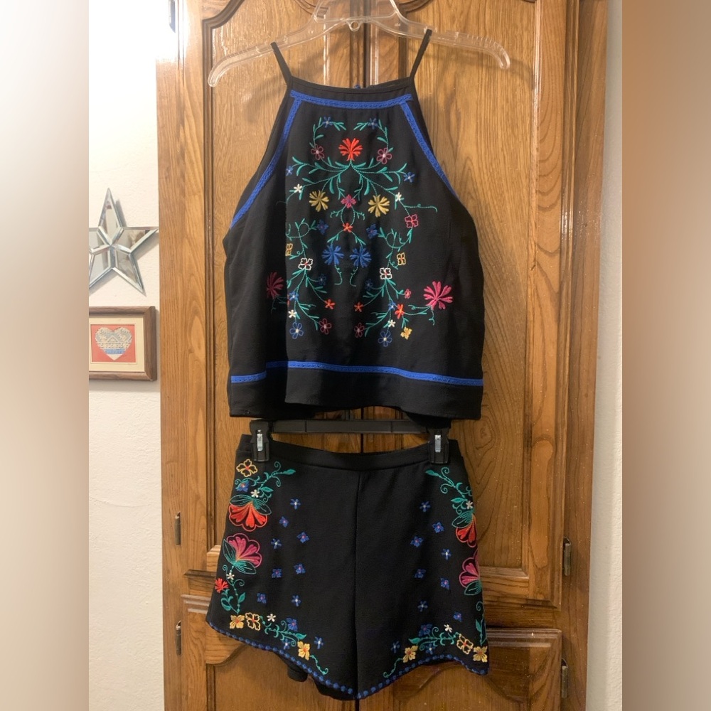 Floral Embroidered Halter Top and Shorts Set